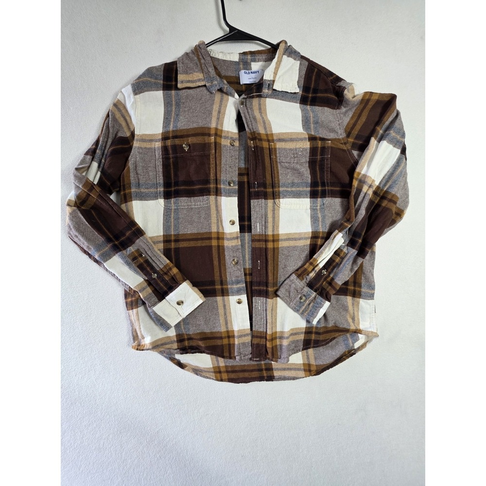 Old Navy Womens L Double Brushed Plaid‎ Flannel Shirt Brown Cream 100% Cotton